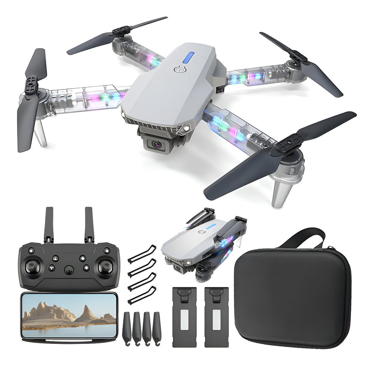 Mini Drone FERIAT88 4K - 2 Camaras - Control Remoto - 2 Baterias - Gris